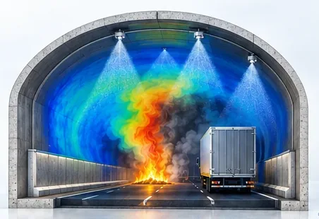 An illustration of tunnel fire simulation. Water-mist nozzles on the crown of a road tunnel spray cones of mist over a carriageway where a lorry stands beside a fire and its smoke, with a blue to red temperature wash laid over the tunnel.